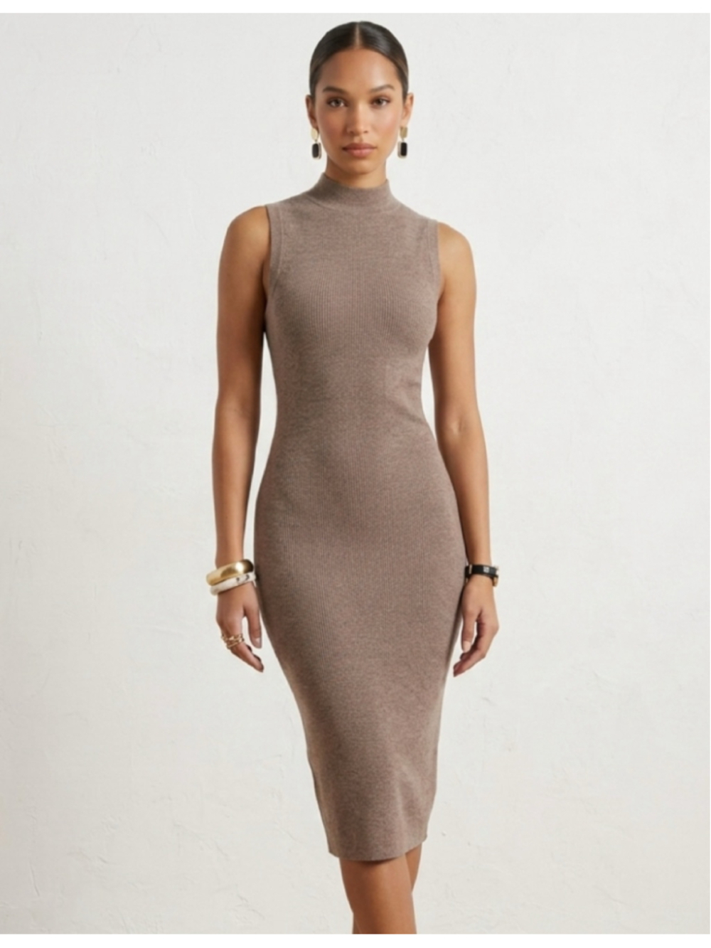 Retrod Sleeveless Mock-Neck Ribbed Bodycon Midi Dress Taupe light brown Sm - 546